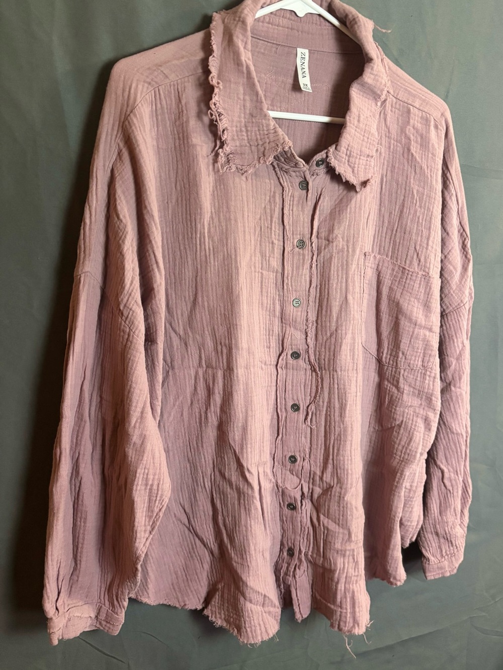 Zenana Outfitters | Dusty Mauve Button-Up | Distressed Long-Sleeve Top |